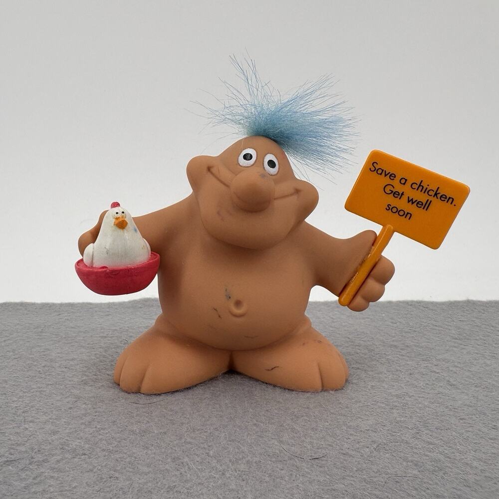 Russ Berrie Chubby Naked Troll "Save a Chicken" Fuzz Hair Figure 3" Plastic Fun